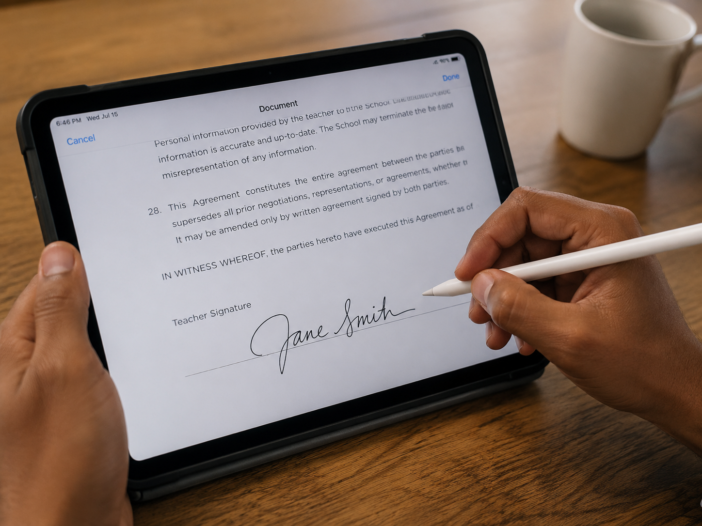 Person signing a digital document on a laptop while holding a tablet