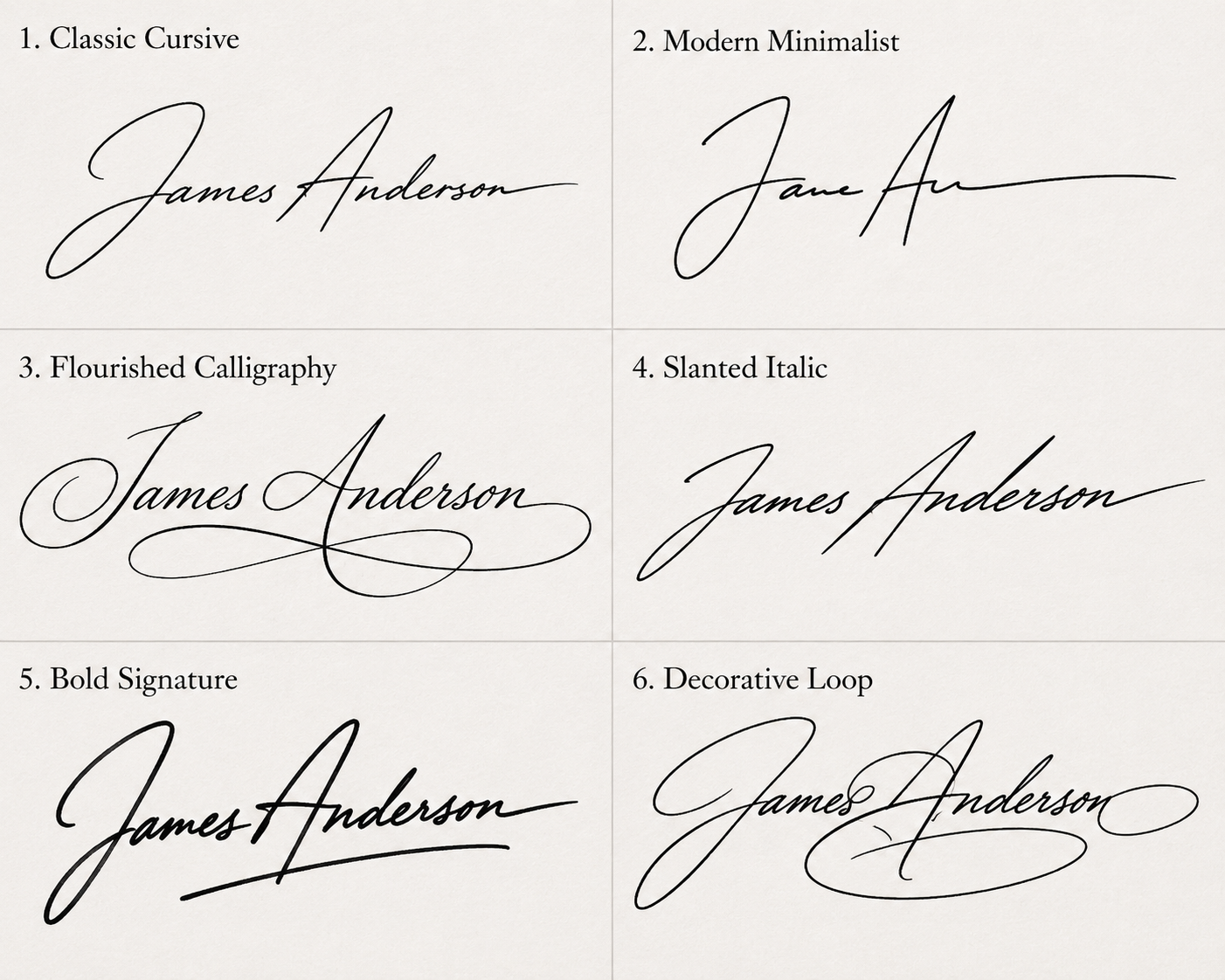 Collage of six signature styles in different cursive and calligraphy fonts